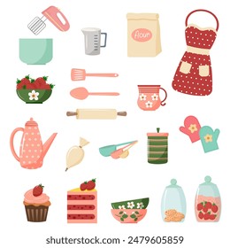 Set of items for baking strawberry pie. Mixer and pastry bag. Measuring spoons and flour, rolling pin and pastry spatulas. Apron and oven mitts, teapot and cup, sugar bowl. Confectionery - cake and