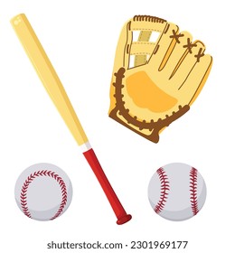 Set of items for baseball. Baseball bat, ball and glove. Nice sports set. Vector illustration in cartoon style.