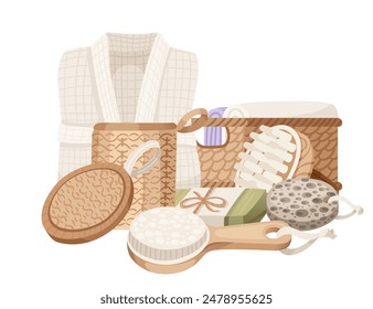 Set of items for bath or shower theme. Collection for gift or advertising vector illustration isolated on white background