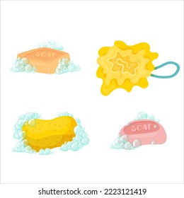 A set of items for the bathroom. Bath, towel, cosmetics for skin care and personal hygiene. Detergents. Vector illustration on a white background.