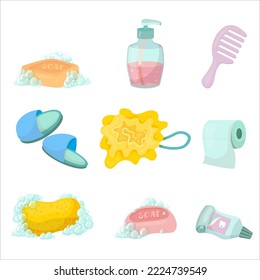 A set of items for the bathroom. Bath, towel, cosmetics for skin care and personal hygiene. Detergents. Vector illustration on a white background.