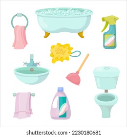 Un juego de artículos para el cuarto de baño. Baño, toallas, cosméticos para el cuidado de la piel e higiene personal. Detergentes. Ilustración vectorial en un fondo blanco.