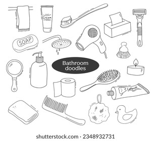 Set of items for the bathroom. Doodle vector line illustrations for spa salon or hair salon. Comb, toothbrush and paste, soap