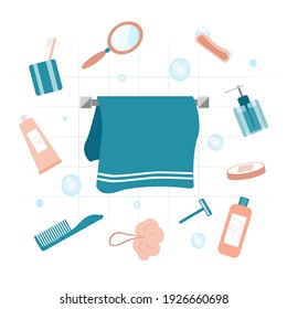 A set of items for the bathroom in pink and blue colors. Good morning. Vector illustration