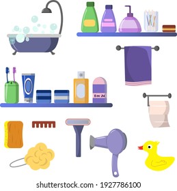 Set with items for the bathroom. Vector illustration. Care items - shampoo, soap, toothbrushes and toothpaste, washcloth and soap, bath, towel and hair dryer. For use in various types of designs