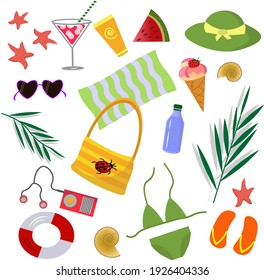 A set of items for a beach holiday. Drinks, towel, starfish and seashells, swimsuit and hat, player and bag. Vector illustration isolated on white background. Modern design for use in the design of