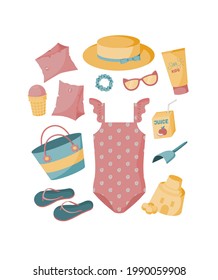 A set of items for a beach holiday for a little girl, baby. Summer items. Swimsuit, sunglasses, bag, juice, sunscreen, flip flops, ice cream, spatula, hat, swimming armbands, scrunchy, sand castle