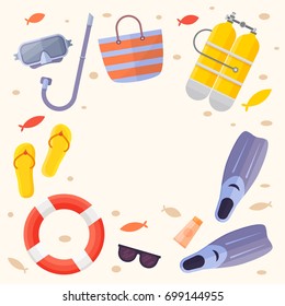 Set of items for beach holiday: sunglasses, flippers, oxygen cylinders, mask for swimming, lifebuoy, bag, small fishs, flip flops. Vector illustration.