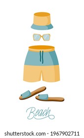 Conjunto de artículos para vacaciones en la playa en el mar, pantalones cortos de natación, panama, gafas de sol, chanclas. La palabra playa es "Lettering". Ilustración vectorial en un estilo plano, objetos aislados en un fondo blanco.