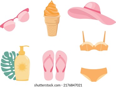Set with items for the beach. Summer vector illustration.