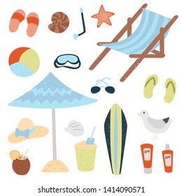 A set of items for the beach: umbrella, slippers, diving mask, chaise longue, shell, starfish, sunscreen, snorkel, gull, sunglasses, ball, cocktail, hat, surfboard, shale, bucket, shovel. Vector flat 
