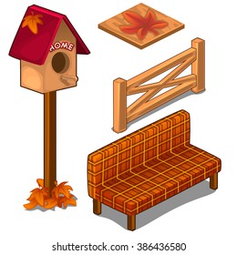 The set of items for the beautification of garden in the autumn style. Vector illustration.