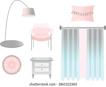 Set of items for bedroom in grey and pink colors