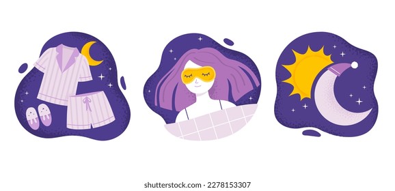 Set of items for better sleep. Comfortable pajamas, face mask, and herbal tea. Relaxation, healthy sleep concepts. Trendy vector flat illustrations.