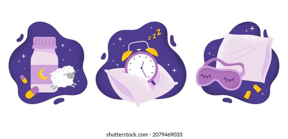 Set of items for better sleep. Sleeping pills, alarm clock, pillow, and face mask. Relaxation, sleeping concepts. Trendy vector flat illustrations.