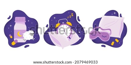 Set of items for better sleep. Sleeping pills, alarm clock, pillow, and face mask. Relaxation, sleeping concepts. Trendy vector flat illustrations.