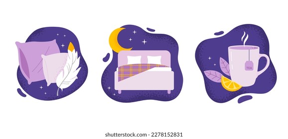 Conjunto de elementos para un mejor sueño. Tiempo de sueño. Cómodas almohadas, cama y té de hierbas naturales. Relajación, conceptos de sueño. Ilustraciones planas vectoriales de moda.