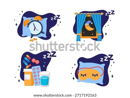 Set of items for better sleep. Sleep time. Sleeping pills, alarm clock, pillow, and face mask. Relaxation, sleeping concepts. stock illustration.