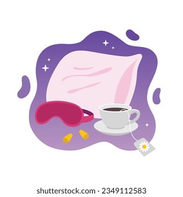 Set of items for better sleeping - pillow, face mask, earplugs, cup of chamomile tea. Good dream, relaxation, sleeping concept. trendy vector illustrations. flat design.