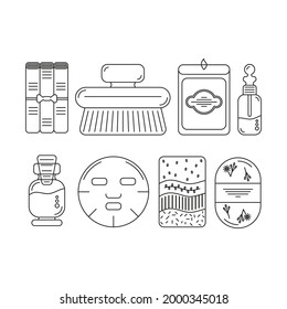 A set of items for body and face care spa home, brush, soap, towel, glass jars with an oil pipette, mask, candle. Black and white icons.
