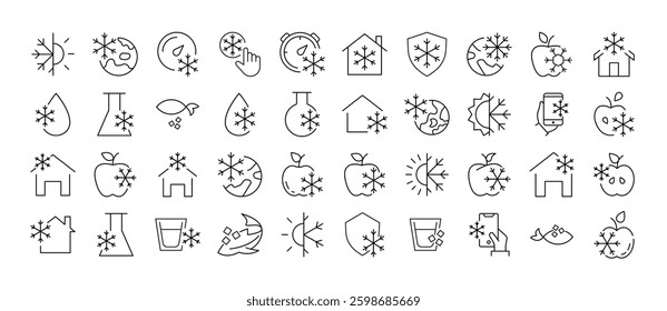 Set of Items by Snowflakes Related Line Icons. Outline Signs for Graphic and Web Design, Apps, Adverts, Various Cards