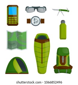 A set of items for camping, adventure and travel. Vector illustration.
