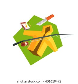 Set Of Items For Camping Flat Colorful Vector Illustration In Primitive Geometric Style Isolated On White Background
