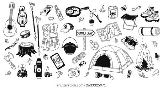 A set of items for camping, hiking and summer camp. Items for travel, trekking and picnics. Backpack, campfire, tent, camera, flashlight. Doodle-style vector illustration