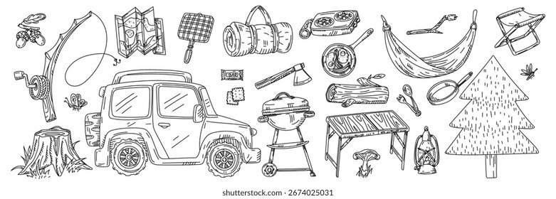 Conjunto de artículos para acampar, al estilo de doodle. Cosas que necesitas para un viaje al aire libre. Gráficos, grabado, sombreado. Dibujos de tinta negra, marcador. Diseño de postales y embalajes. Picnics, caminatas, camping