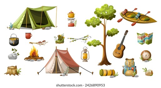 Conjunto de artículos de viaje de turismo de camping. Dibujado a mano aislado sobre fondo blanco, vector.