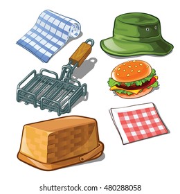 Set of items for camping. Vector illustration.