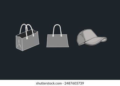 Set of items cap, bag, unisex outfit, stylish vector image, clipart.