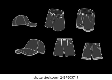 Set of items cap, shorts, unisex outfit, stylish vector image, clipart.