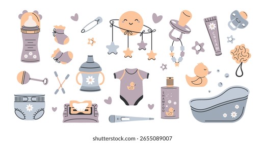 Un conjunto de artículos para el cuidado de un bebé recién nacido, dibujado a mano. Diseño de Vector