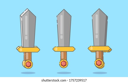 Set of items for casual game, GUI. Collection of decoration weapons for games in different positions. Set of medieval cartoon swords. Medieval sword with a gem in the hilt. Vector flat illustration.