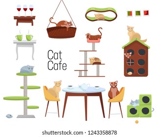 Set of items for cat cafe from different cats and furniture - cat houses and tables with cups of coffee on white background. Cats sit at the table and drink tea. Flat cartoon style vector illustration