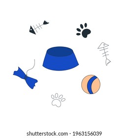 A set of items for cats, a bowl, toys, food. Vector illustration