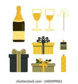 A set of items to celebrate Christmas, new year, birthday. Elements isolated on white background. Vector illustration in the style of flat.
