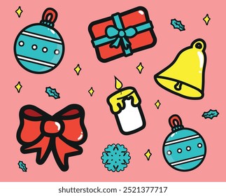 A set of items for celebrating Christmas. Flat vector illustration isolated on pink background