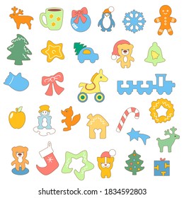 Set of items for celebrating Christmas and New Year, toys, trees, cookies and gingerbread man, deer, house, fox and penguin, color vector clip art on a white isolated background
