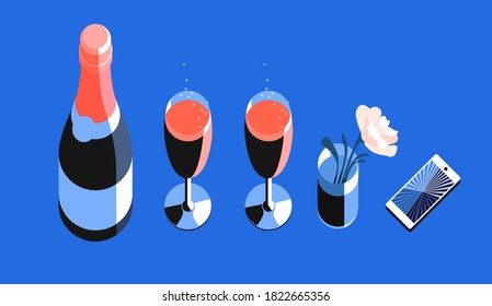 Set of items. Champagne bottle and glasses, flower and smartphone, top view. Vector illustration