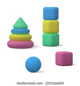 Set of items of children's toys 3D isolated vector. Pyramid and cubes for kids illustration