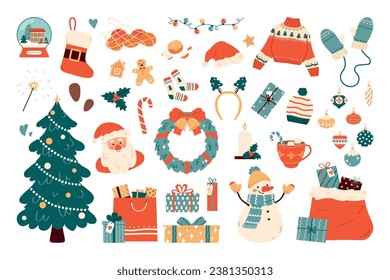 Set of items for Christmas celebration. Flat vector illustration isolated on white background