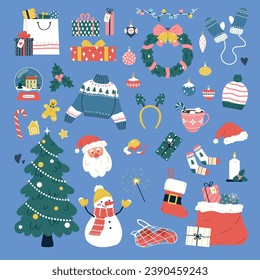 Set of items for Christmas celebration. Flat vector illustration isolated on blue background