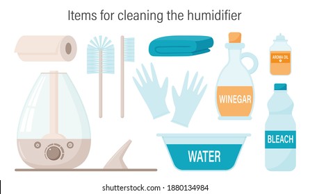 A set of items for cleaning and caring for the steam ultrasonic humidifier, mist diffuser. Vector illustration. Isolated on a white background