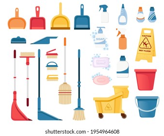 A set of items for cleaning and cleaning floors and disinfecting objects vector illustration isolated on white background