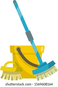 Set of items for cleaning the house. Yellow bucket, MOP, brush. Housekeeping and cleanliness. Cartoon flat illustration
