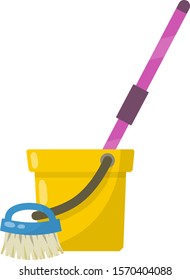 Set of items for cleaning the house. Yellow bucket, MOP, brush. Housekeeping and cleanliness. Cartoon flat illustration