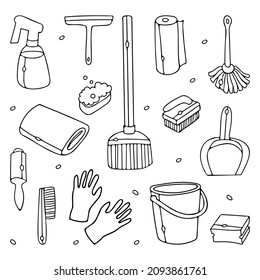 Conjunto de artículos para la limpieza. Ilustración del vector de dibujo. Para limpiar el diseño de la empresa