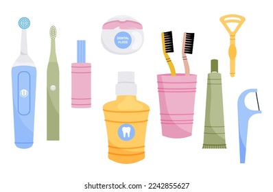 Un conjunto de artículos para limpiar dientes. cepillo de dientes, hilo dental, pasta dental, enjuague bucal. Groovy. Ilustración de material vectorial. Aislado